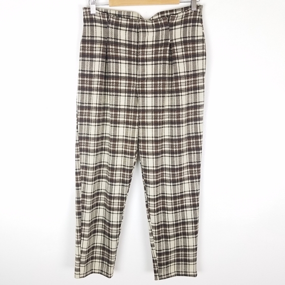 FREE People Cream Plaid Knit High Rise Tapered Leg Pants Small - Picture 1 of 12
